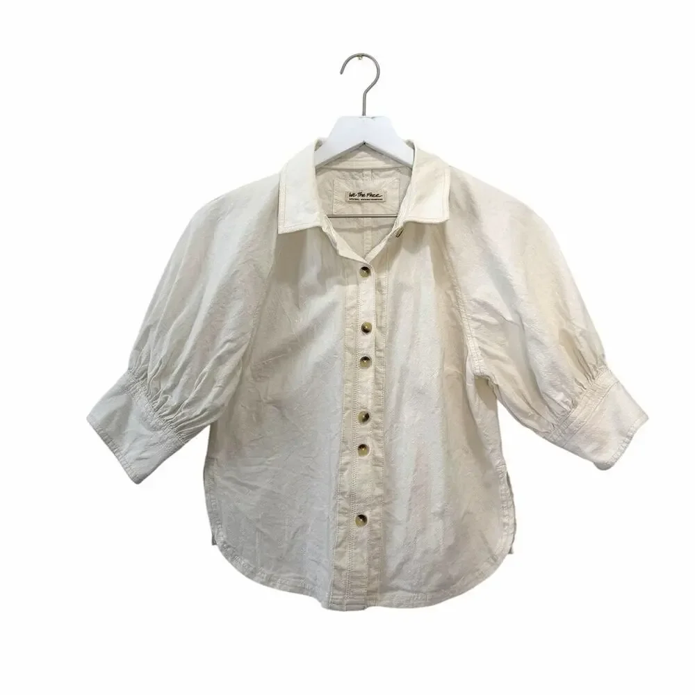Free People White Puff Sleeve Button Front Cotton Blouse Top  Size X-Small